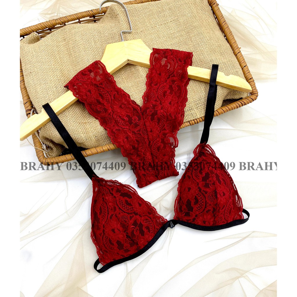 Bộ đồ lót ren Bralette đỏ họa tiết có mút mỏng, cực quyến rũ, hình thật shop tự chụp BRAHY 050