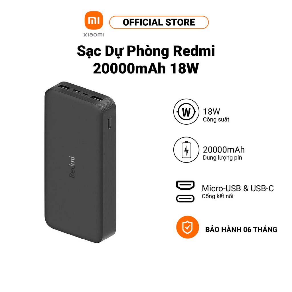 [Mã ELBAUCN1 Giảm 5%] Sạc Dự Phòng Xiaomi Redmi Power Bank 20000 mAh 18W - Chính hãng- BH 6 tháng