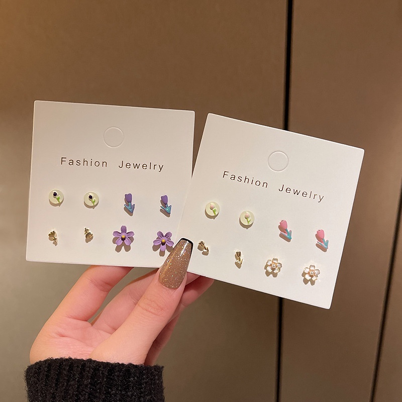 Bộ Khuyên Tai S925 Hình Hoa Tulip Hồng Tím Mini Thời Trang Cho Nữ
