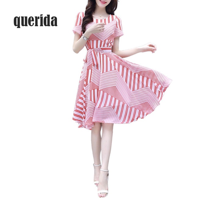 Đầm eo cao ngắn tay phối dây buộc họa tiết kẻ sọc màu hồng cho nữ