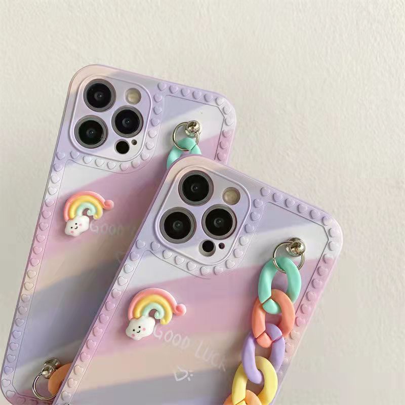 Ốp Điện Thoại Dẻo Họa Tiết Cầu Vồng 3D Kèm Dây Đeo Tay Cho IPhone 6 6S 7 8 Plus SE 2020 X XR XS Max 11 12 13 Pro Max