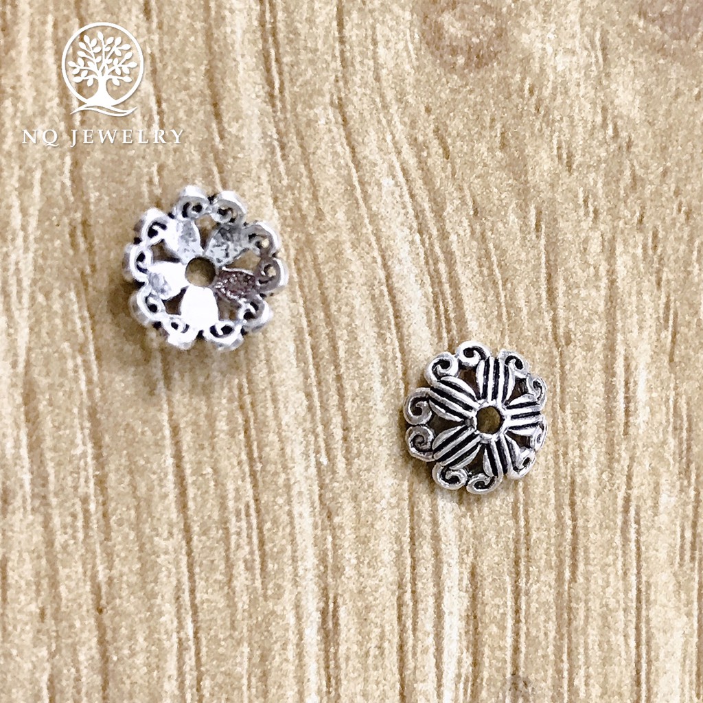 Charm bạc chụp hạt, bọc hạt họa tiết hoa văn trái tim đôi 8mm - NQ Jewelry