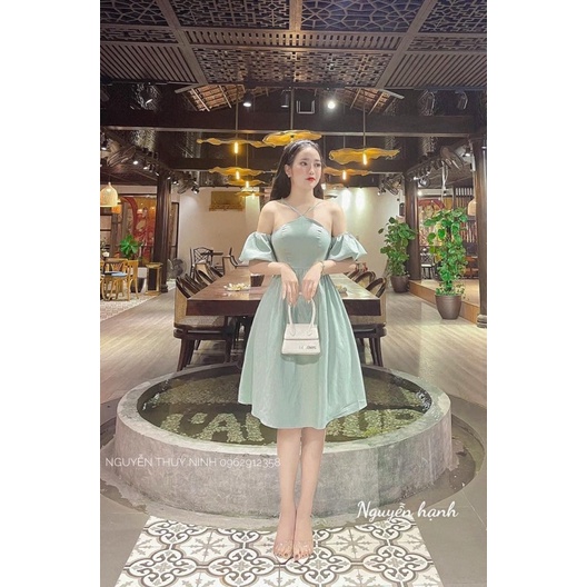 ĐẦM XANH CỔ YẾM RỚT VAI MIDI