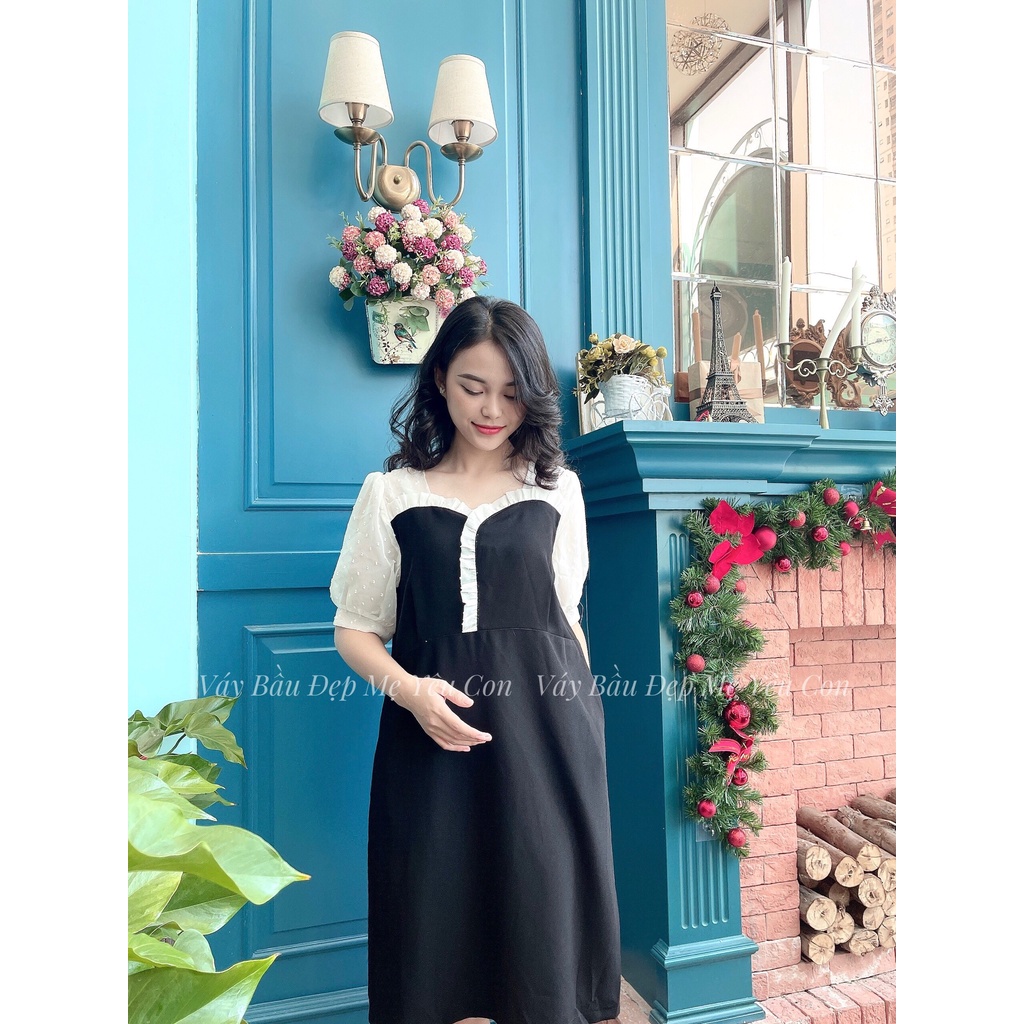 Đầm bầu công sở Váy bầu đẹp màu đen phối bèo cổ MYC 1M