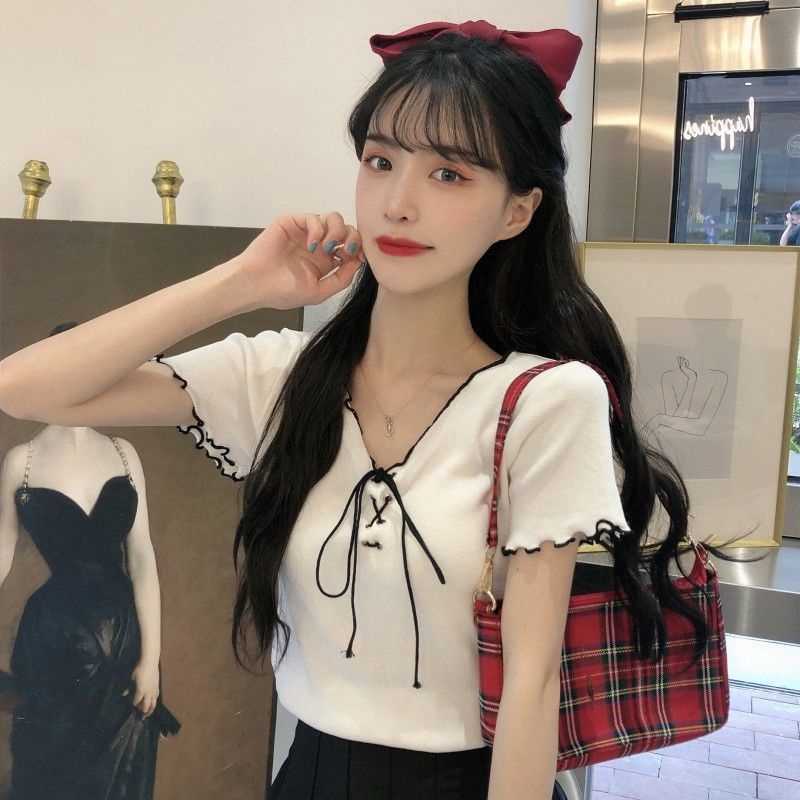 Áo Thun Dệt Kim Tay Ngắn Cổ Chữ V Cột Dây Thời Trang Mùa Hè 2022 Cho Nữ