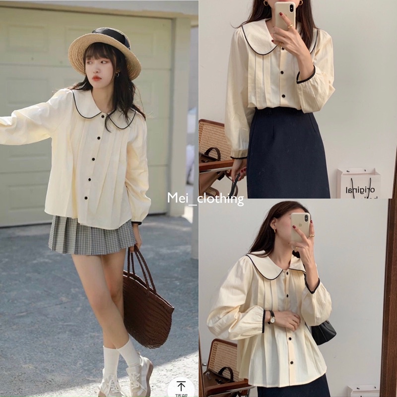 [Ảnh thật/video] Áo sơmi babydoll li ngực cổ tròn kết hợp viền đen tạo điểm nhấn