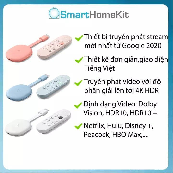 Google Chromecast with Google TV 2020 - chất lượng 4K HDR, có remote từ xa, điều khiển bằng giọng nói tiếng Việt