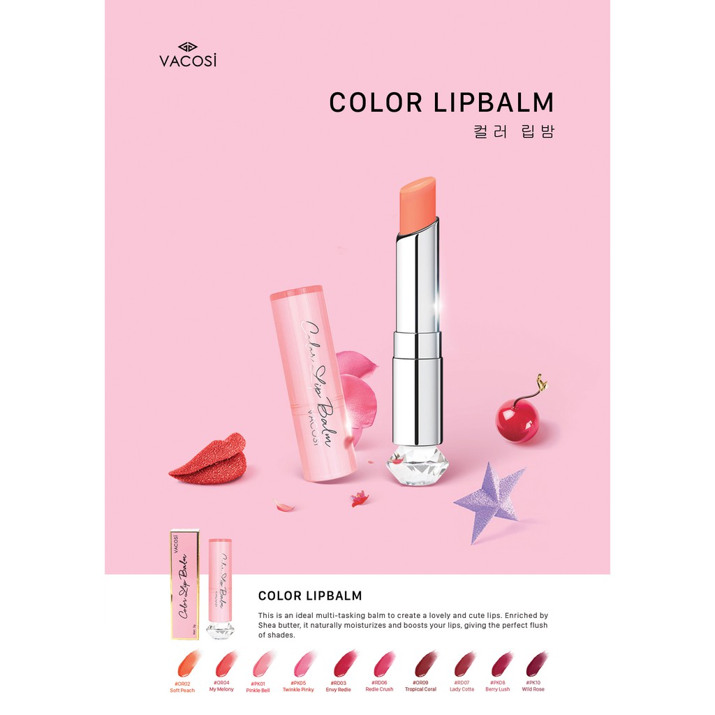 Son dưỡng có màu Vacosi Color Lip Balm 3g (Hàng Chính Hãng) Hàn Quốc