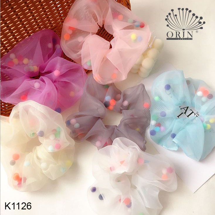 Dây buộc tóc, cột tóc vải scrunchies hạt Pom Pom Orin K1126