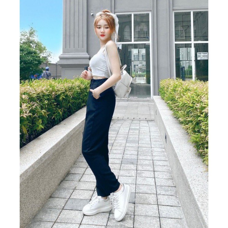 Quần tây nữ lưng cao đi học dáng dài màu xanh đen cạp có đai ống đứng Quần tây baggy nữ cạp cao đi học sinh cấp 2 3 đẹp