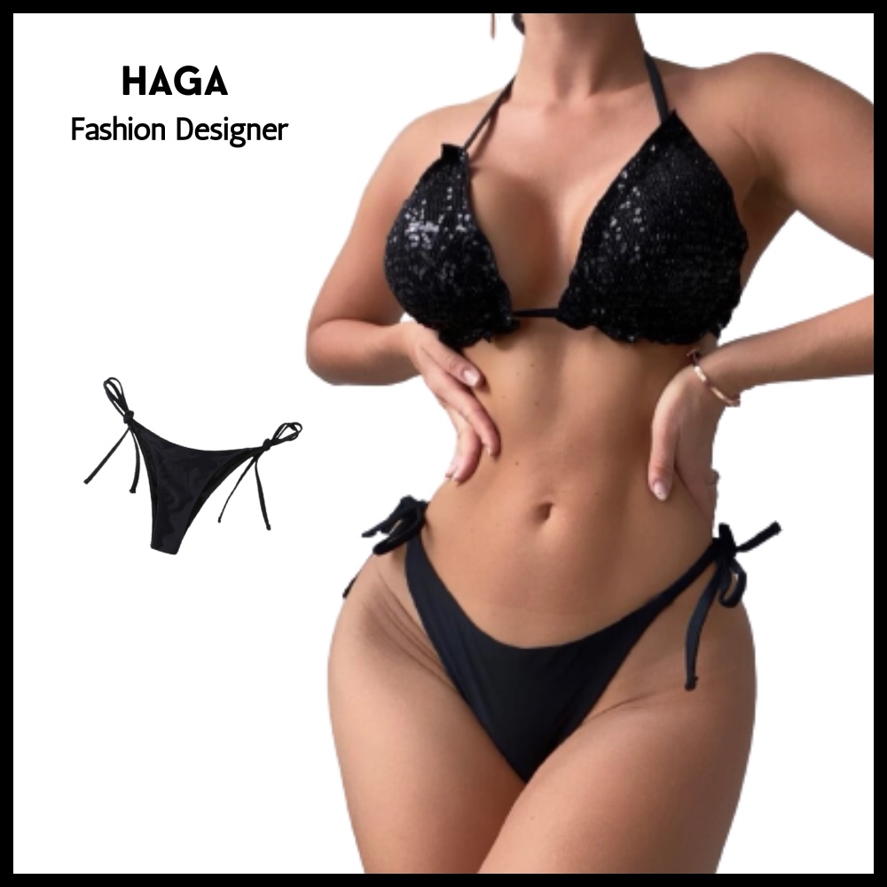 Quần bơi nữ quần bikini dây mảnh màu đen cotton bóng co giãn QB001