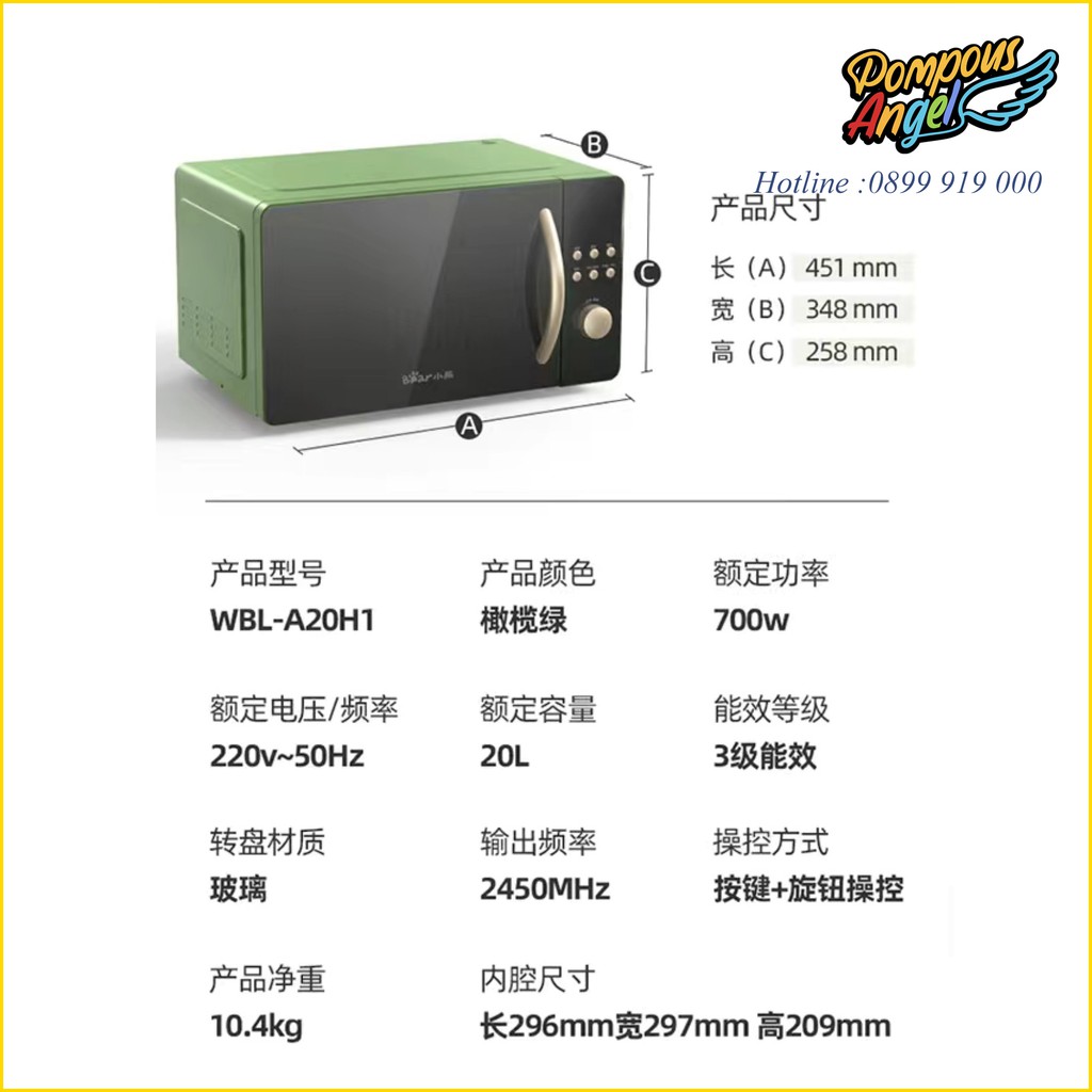 Lò vi sóng 700W BEAR WBL-A20H1 20L màu xanh lá chính hãng , bảo hành 12 tháng , lỗi đổi mới trong 7ngày