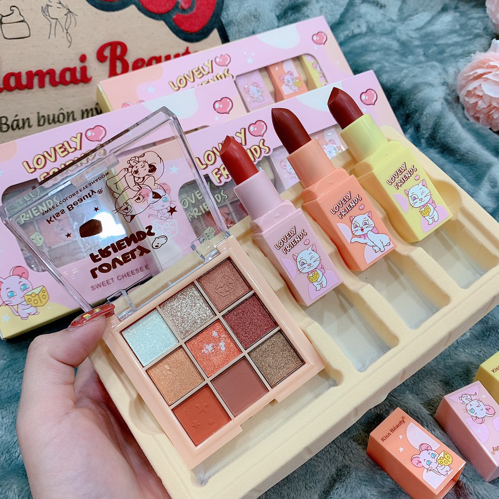 Set 3 son + phấn mắt Lovely kissbeauty G340