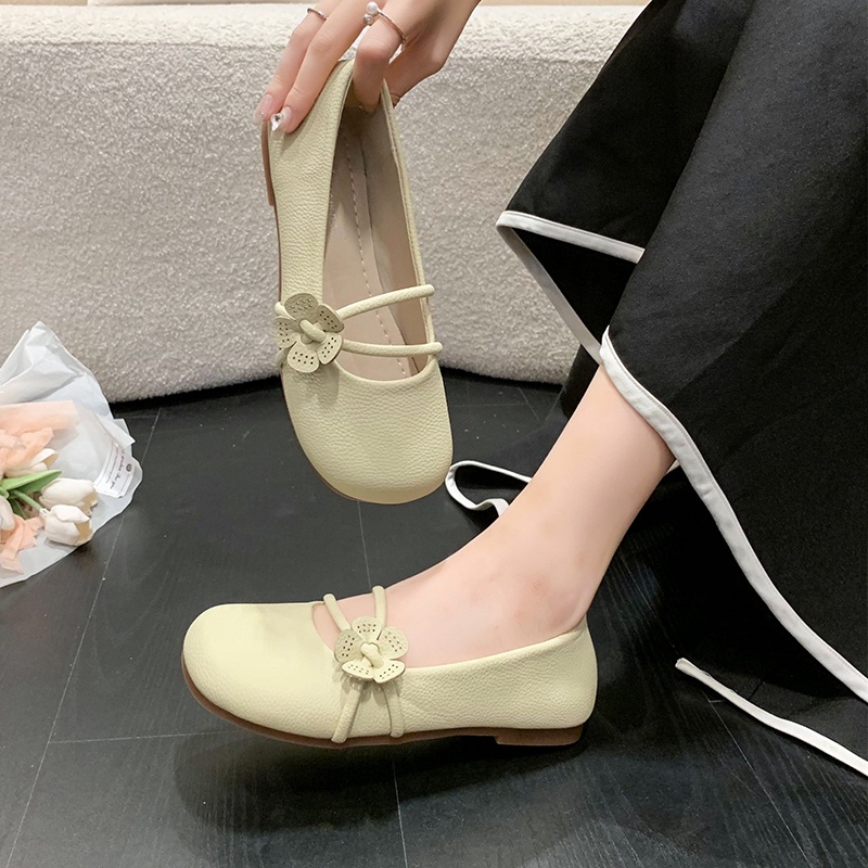 ❤Giày Búp Bê Da Mũi Tròn Đế Mềm Đính Hoa Phong Cách Hàn Quốc Cho Nữ