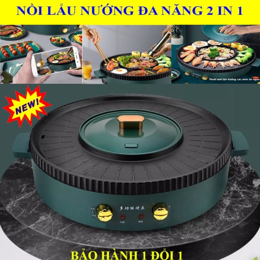 Bếp Lẩu Nướng Không Khói 2 In 1. Bếp Lẩu Nướng Tròn xanh Đa Năng Cao Cấp Loại To 40cm .