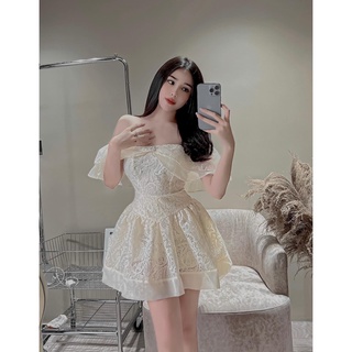  Đầm dự tiệc trễ vai tiểu thư chất ren màu be hàng thiết kế may 2 lớp Bling Bling 