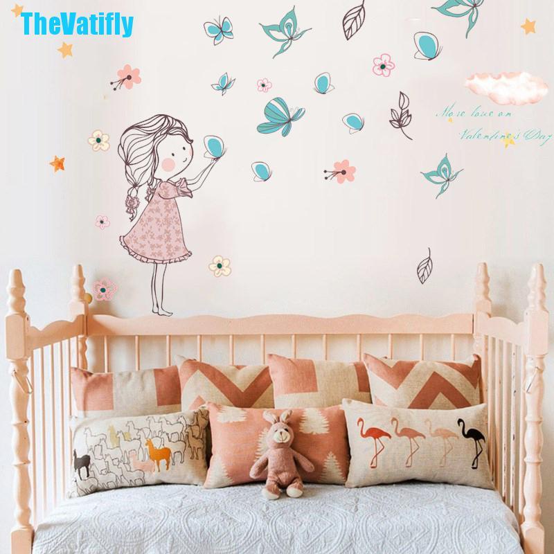 Decal dán tường Họa Tiết Cô Gái Và Bướm Hoạt Hình Dùng Trang Trí Phòng