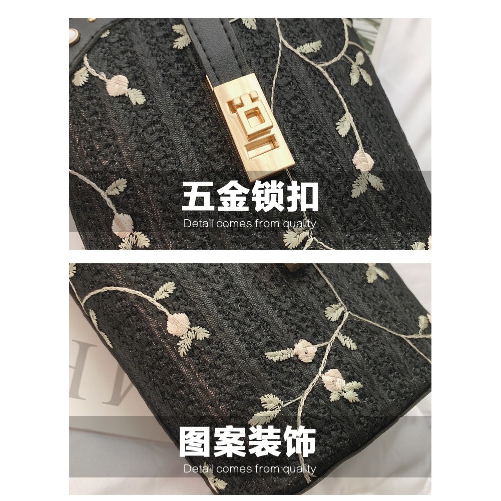 Summer Popular Straw Water Bucket Bag Embroidered Small Bag Female 2021 New Ins Wild Chain Strip Shoulder Diagonal Bag