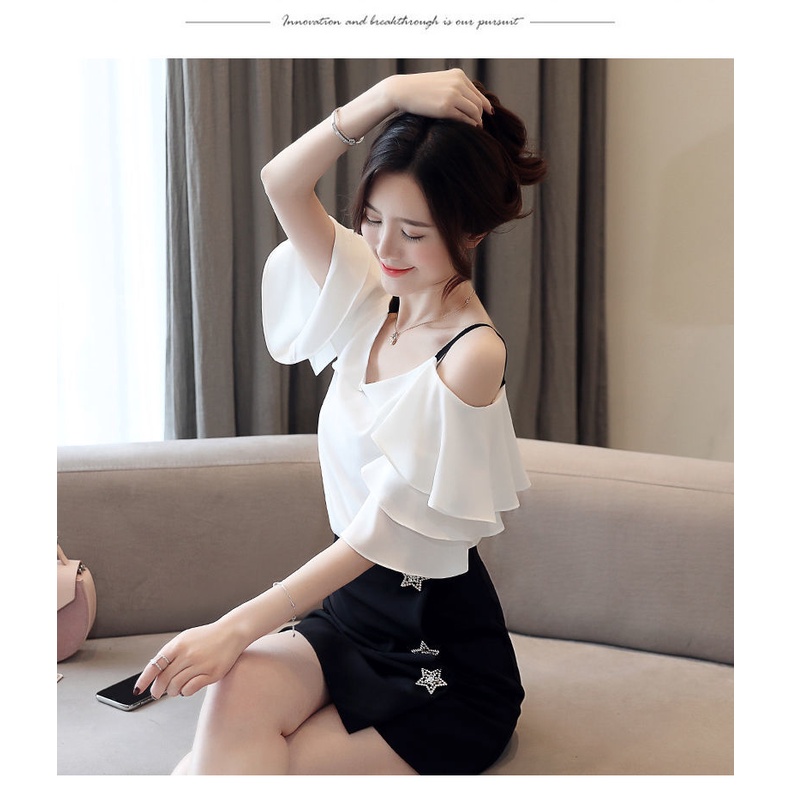 Áo Sơ Mi Chiffon Tay Ngắn Màu Trắng Phối Bèo Thời Trang Cho Nữ