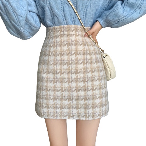 QKOOLE  Chân váy len chữ A lưng cao phong cách retro Hàn Quốc cho nữ