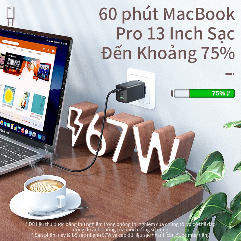 Bộ sạc nhanh 67W BASIKE 2C + U tương thích QC4 + PD3.0 AFC cho máy tính xách tay iP 13