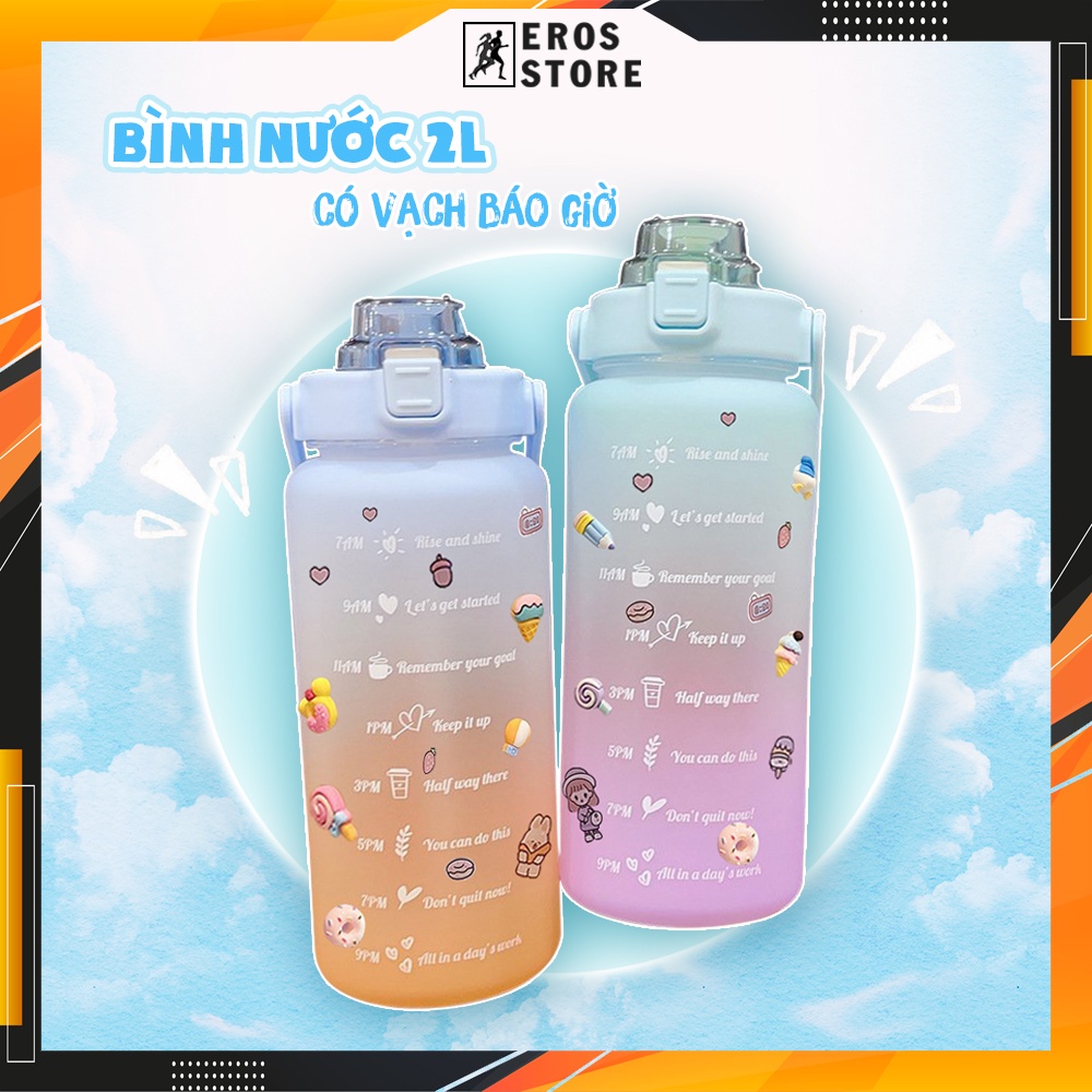 Bình Đựng Nước 2L Có Vạch Báo Giờ Uống Nước, Bình Đựng Dễ Thương Căn Lượng Nước Và Thời Gian Nhắc Uống Nước Eros