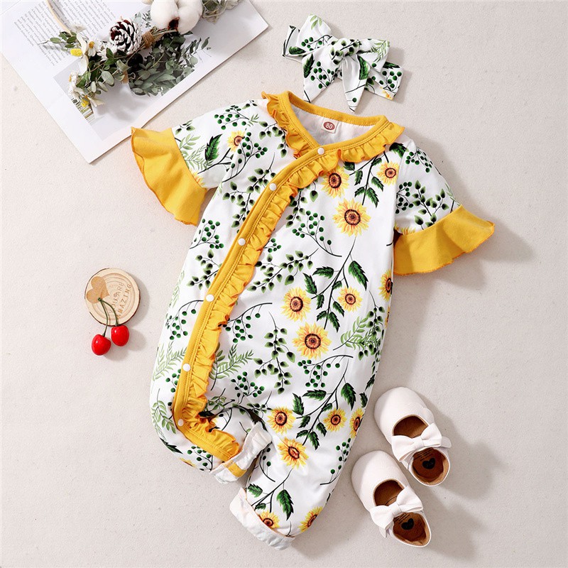 Set Áo Liền Quần Và Băng Đô Mikrdoo In Hoa Tay Ngắn Thời Trang Mùa Hè Cho Bé Trai Và Bé Gái Sơ Sinh