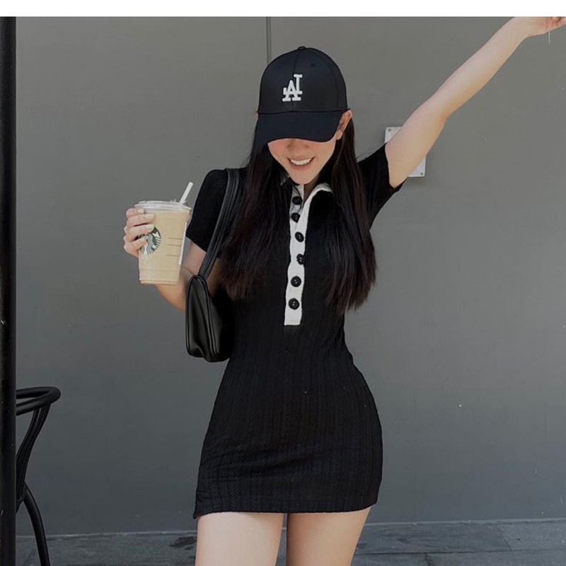 Váy Polo Gân Body Co Dãn Nút Cài Đen Ngắn Mặc Đi Chơi