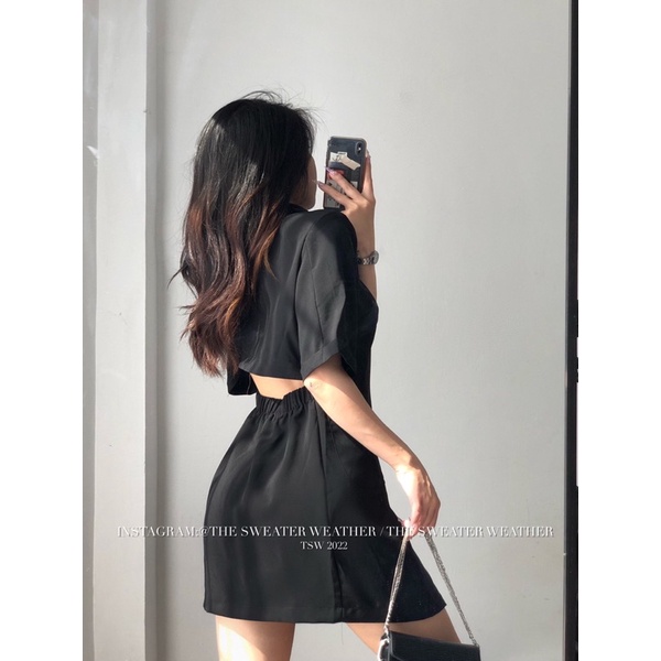 Váy sơ mi cổ vest đệm vai cut out lưng chun the.sweaterweather TSW (ảnh thật)
