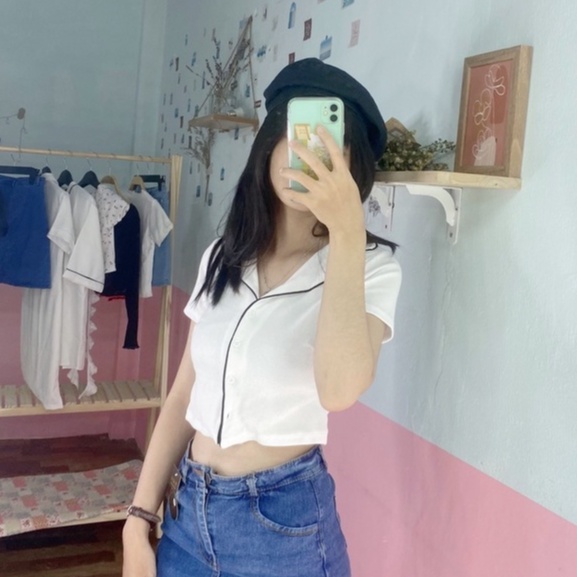 Áo croptop ôm tay ngắn có cổ - áo crt có cổ chất thun gân phối viền - A092