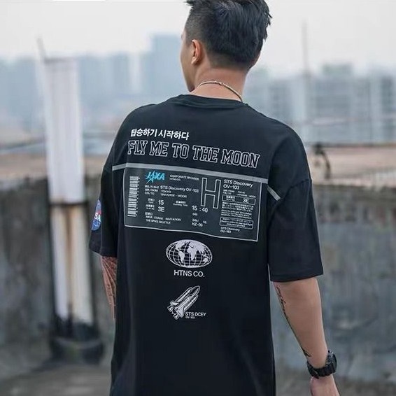 Áo nam Tay Ngắn In Hình Tên Lửa NASA Thời Trang#Lelaki muraht Áo Sơ Mi oversize Cotton