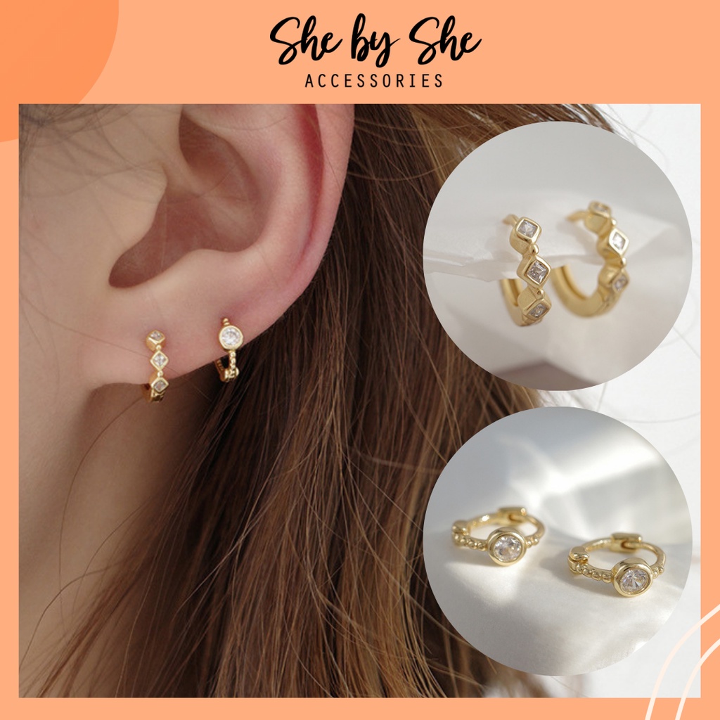 Bông tai tròn nữ đính đá mạ vàng 14K Shebyshe chất liệu bạc 925 bông tai khuyên tai phong cách Hàn Quốc - K67