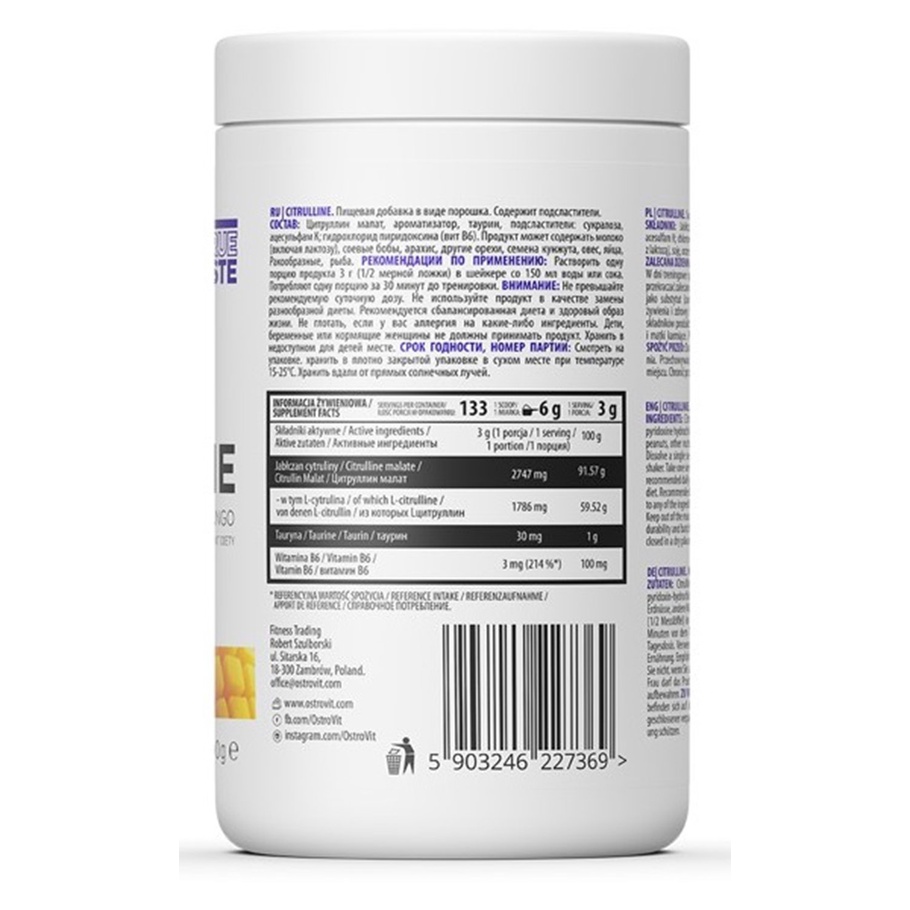PRE-WORKOUT OSTROVIT CITRULLINE 400G 133 LẦN DÙNG, BƠM MÁU TỐI ĐA VÀO CƠ BẮP , PHÁP TRIỂN TỐI ƯU CƠ BẮP - HÀNG BALAN