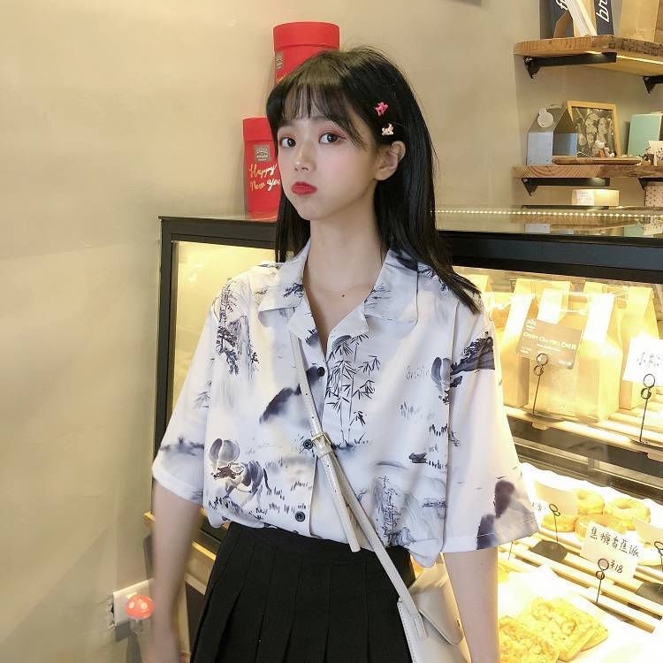 Áo Sơ Mi Tay Ngắn Họa Tiết Mực In Thời Trang Phong Cách Hàn Quốc Cho Nữ