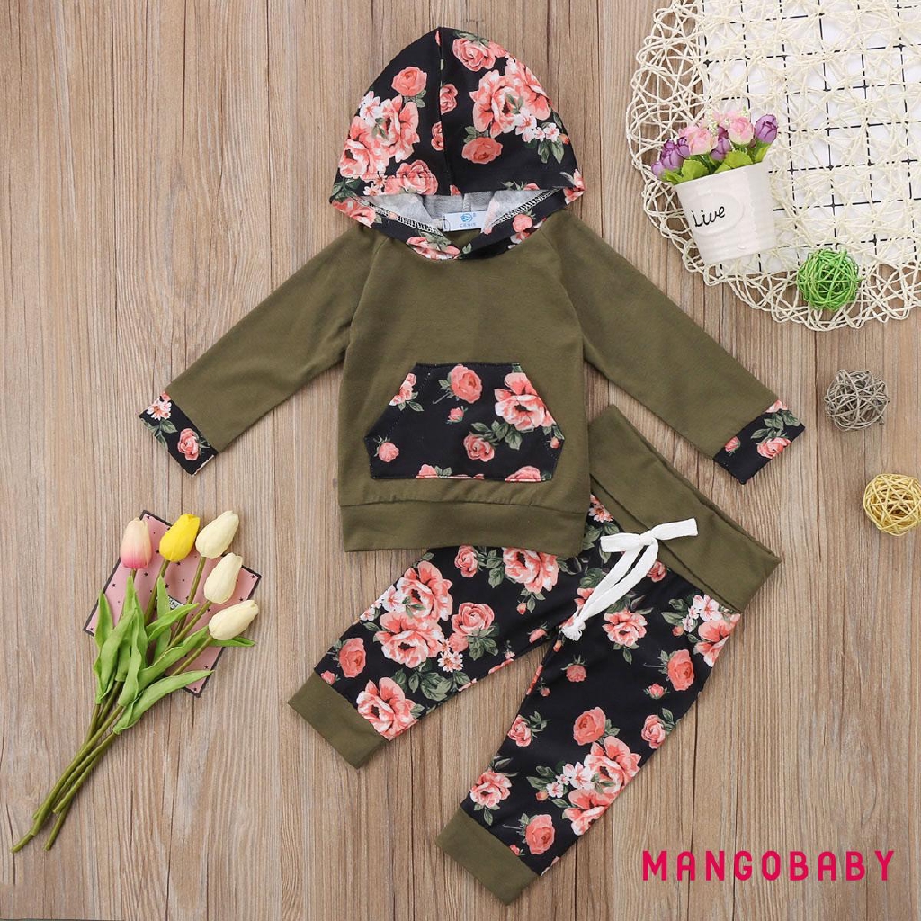 Set Áo Hoodie + Quần Dài In Hoa Dễ Thương Cho Bé Gái