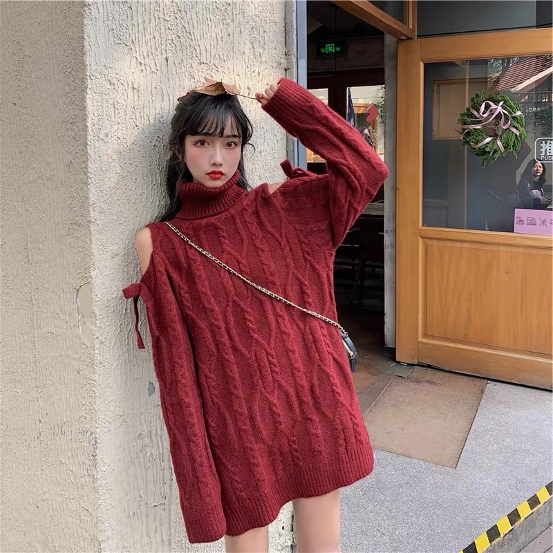 A09Áo len cao cổ ulzzang đỏ|trắng|hồng hở vai christmas thắt nơ bánh bèo nữ tính siu xinh CÓ ẢNH THẬT