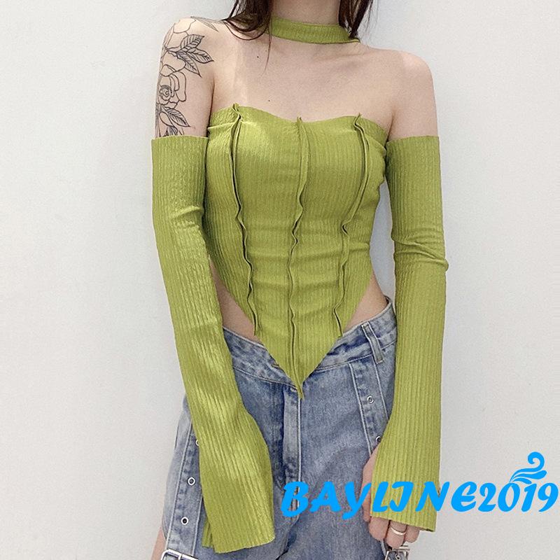 BAY-Women´s Crop Tops, Halter Neck Off Shoulder Long Sleeve Solid Color T-Shirt for Young Ladies
