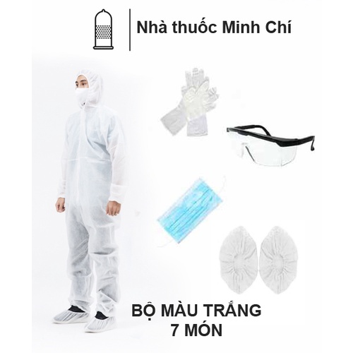 Quần áo bảo hộ vải không dệt kháng khuẩn màu trắng (hàng chuẩn)- bộ 7 món