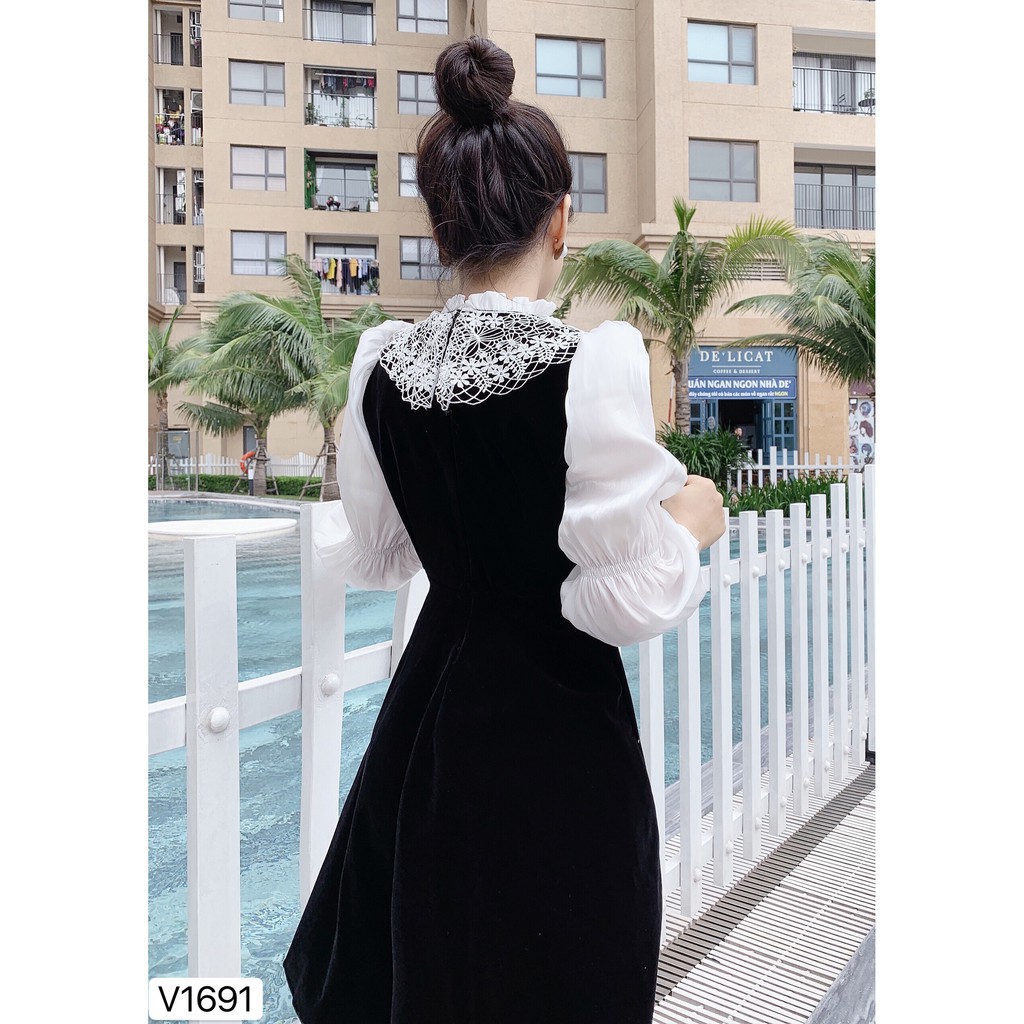 Váy xòe tay phối cổ ren V1691  - Đẹp Shop DVC (Kèm ảnh thật trải sàn do shop tự chụp)