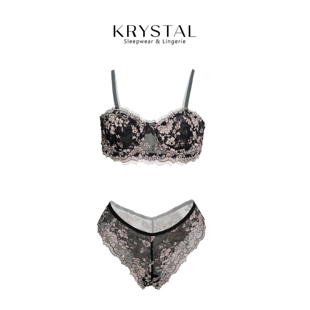 Bộ đồ lót ren có gọng không mút màu đen xám ren hoa KRYSTAL Bralette KB44