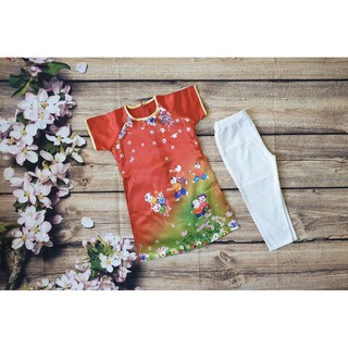 Áo dài cách tân cho bé gái vải Thái Tuấn kèm quần legging cotton xịn hoặc váy bung xòe 2 lớp
