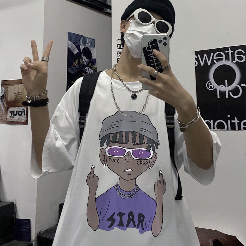 Áo Thun Tay Ngắn Dáng Rộng Cỡ Lớn In Hoạt Hình Kiểu Hồng Kông Thời Trang Mùa Hè Cho Nam