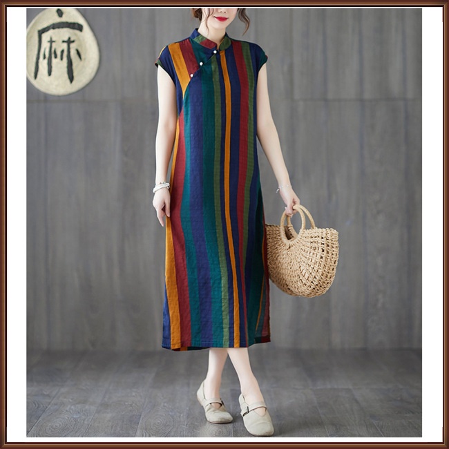 Đầm Sườn Xám Không Tay Cổ Đứng Chất Liệu Cotton Lanh Thoáng Khí Thoải Mái Họa Tiết Kẻ Sọc Cổ Điển Cho Nữ