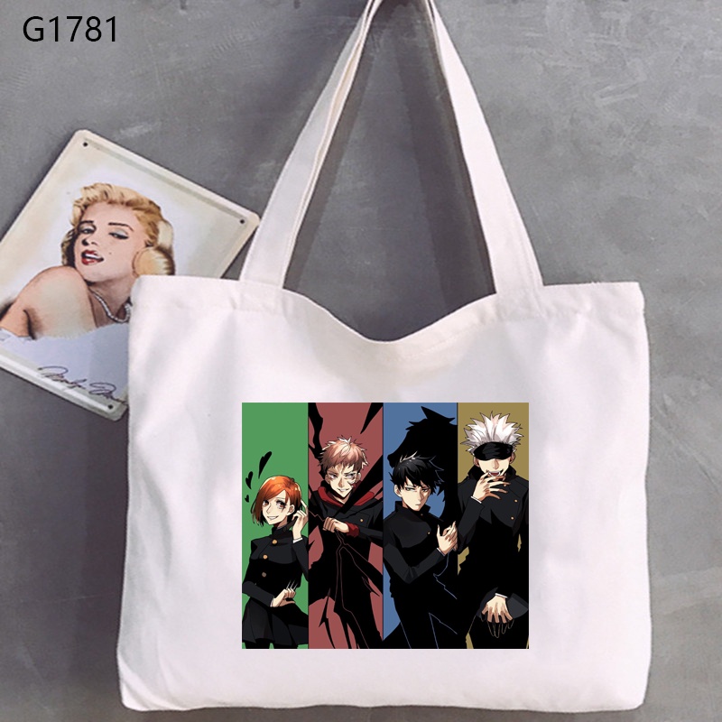Anime Nhật Bản Jujutsu Kaisen Họa Tiết Túi Đeo Vai Thời Trang Màu Trắng Ngang Dây Kéo Túi Vải
