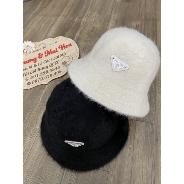 Mũ vành bucket lông đính tap prada cho nữ 2 màu đen trắng siêu hot