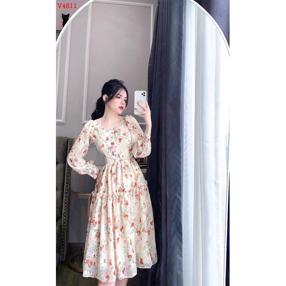 Đầm Dự Tiệc Cưới SANMAY Váy Hoa Nhí Vintage Maxi Dáng Dài Tiểu Thư Sang Trọng Vải Voan Thiết Kế Xinh
