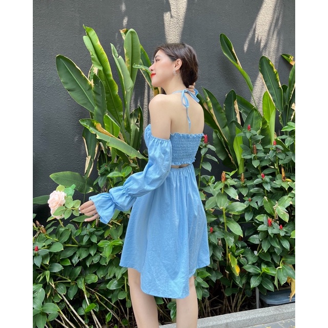 Đầm trễ vai đầm xòe đầm 2 lớp nơ lưng co giãn siêu xinh - OLIVIA DRESS