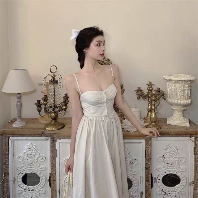 Váy sống ảo hai dây trắng tiểu thư mùa hè (có sẵn)