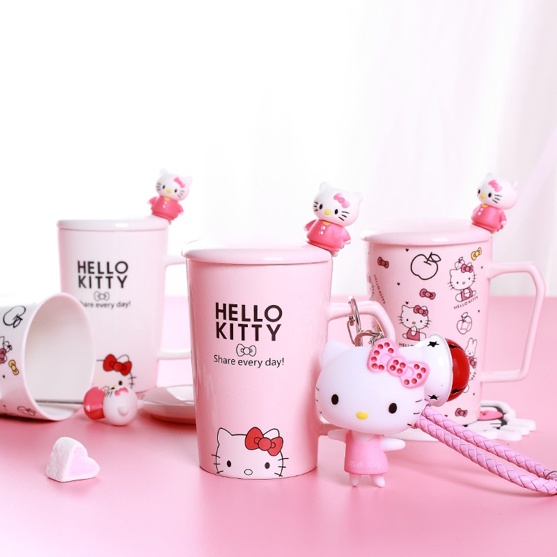 Cốc Sứ Uống Cà Phê Có Nắp Đậy Và Muỗng Hình Hello Kitty / Doremon Đáng Yêu