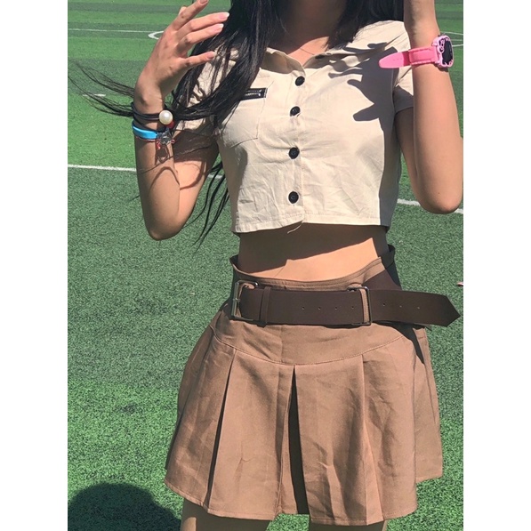 SET BỘ CAO BỒI GỒM ÁO CROPTOP + CHÂN VÁY XẾP LI NÂU CÓ ẢNH THẬT